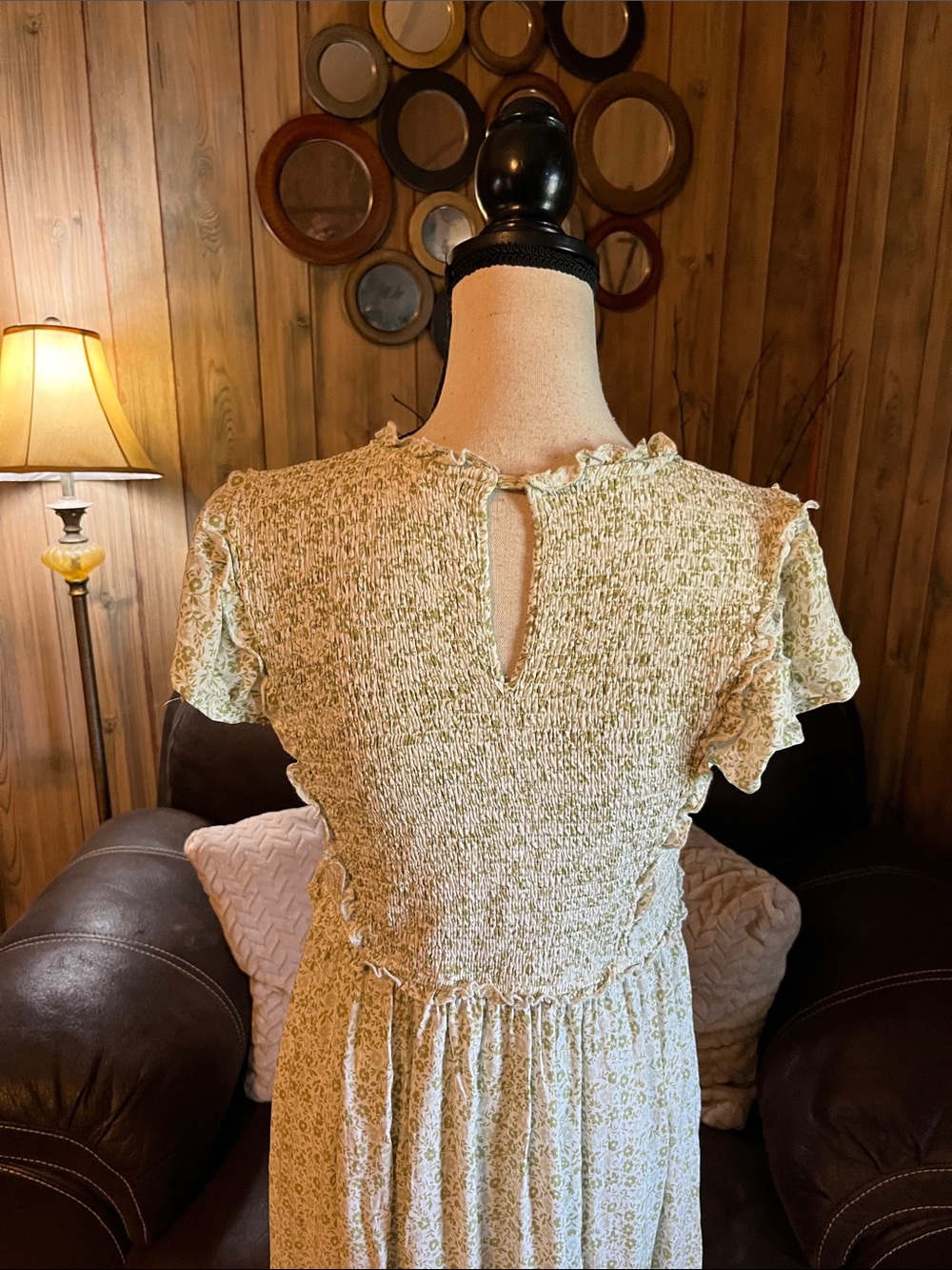 In Bloom Light Sage Floral Smocked Lined Maxi Dress Cottagecore Prairie Ditsy - Picture 7 of 10